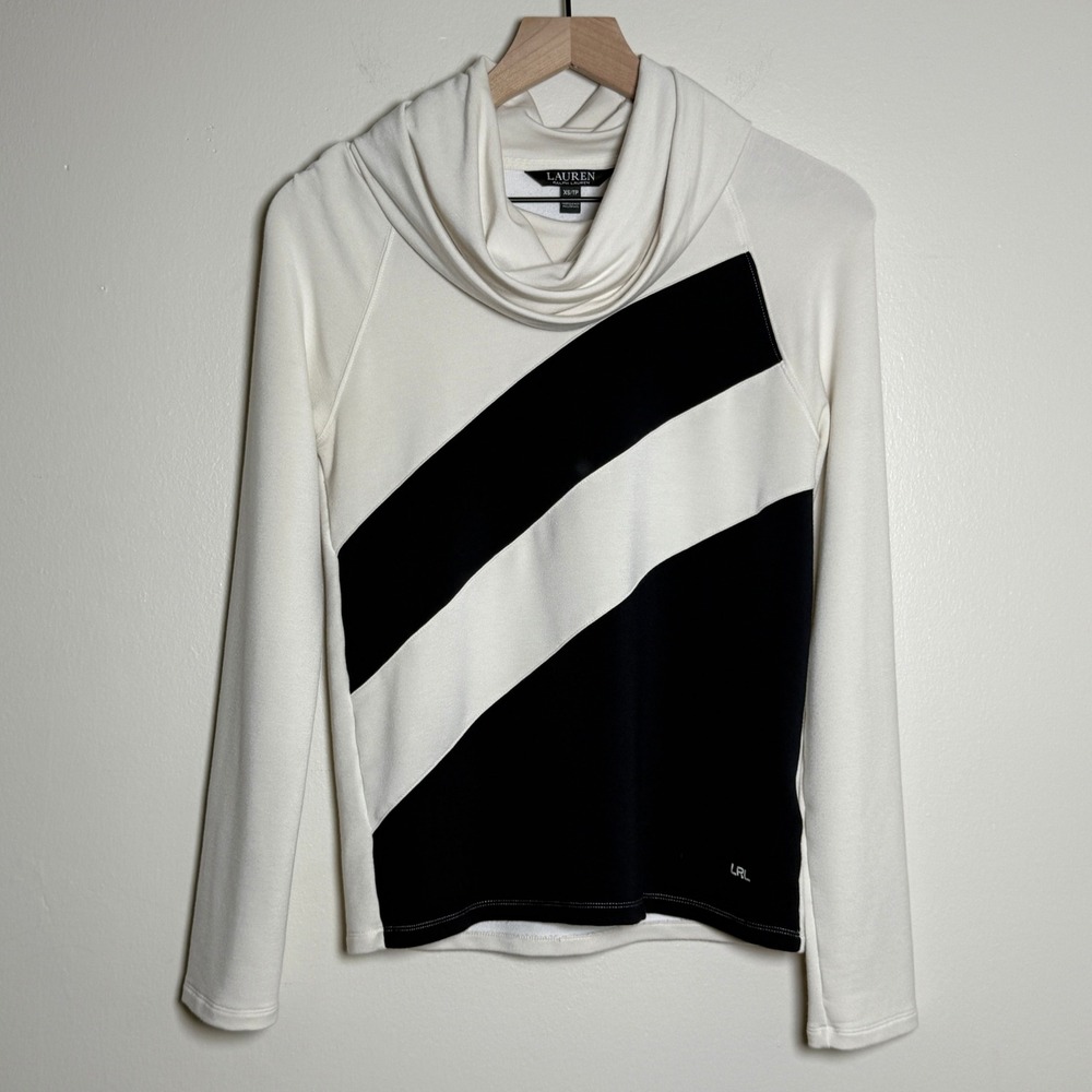 Lauren Ralph Lauren Cowl Neck Colorblock Sweatshirt Cream Black XS Preppy‎ Soft